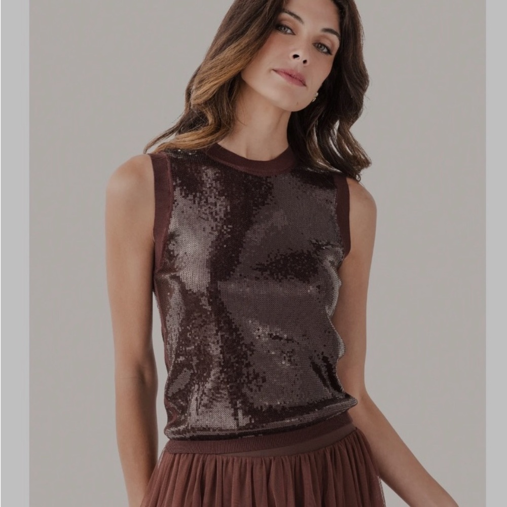 Elan Brown Sequin Crewneck Tank